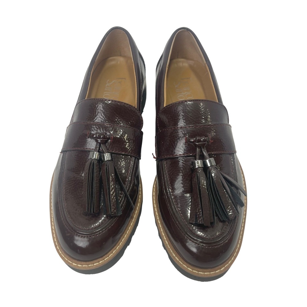 Franco Sarto Burgundy‎ Carolyn Tassel Patent Leather Carney Loafers 7.5M US 37.5